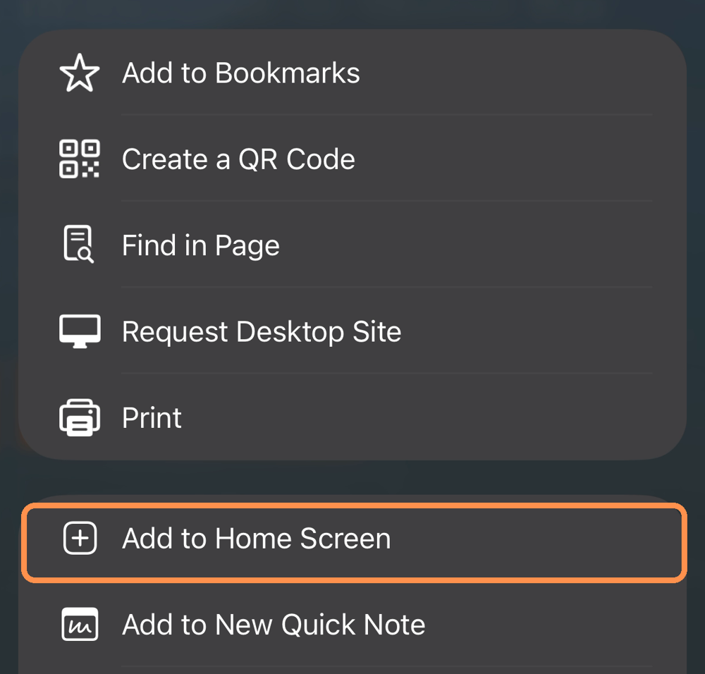 iPhone Share menu with Add to Home Screen outlined in orange.