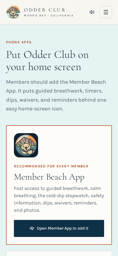 The real Member Beach App install screen showing guided breathwork, timers, dips, waivers, reminders, and photos